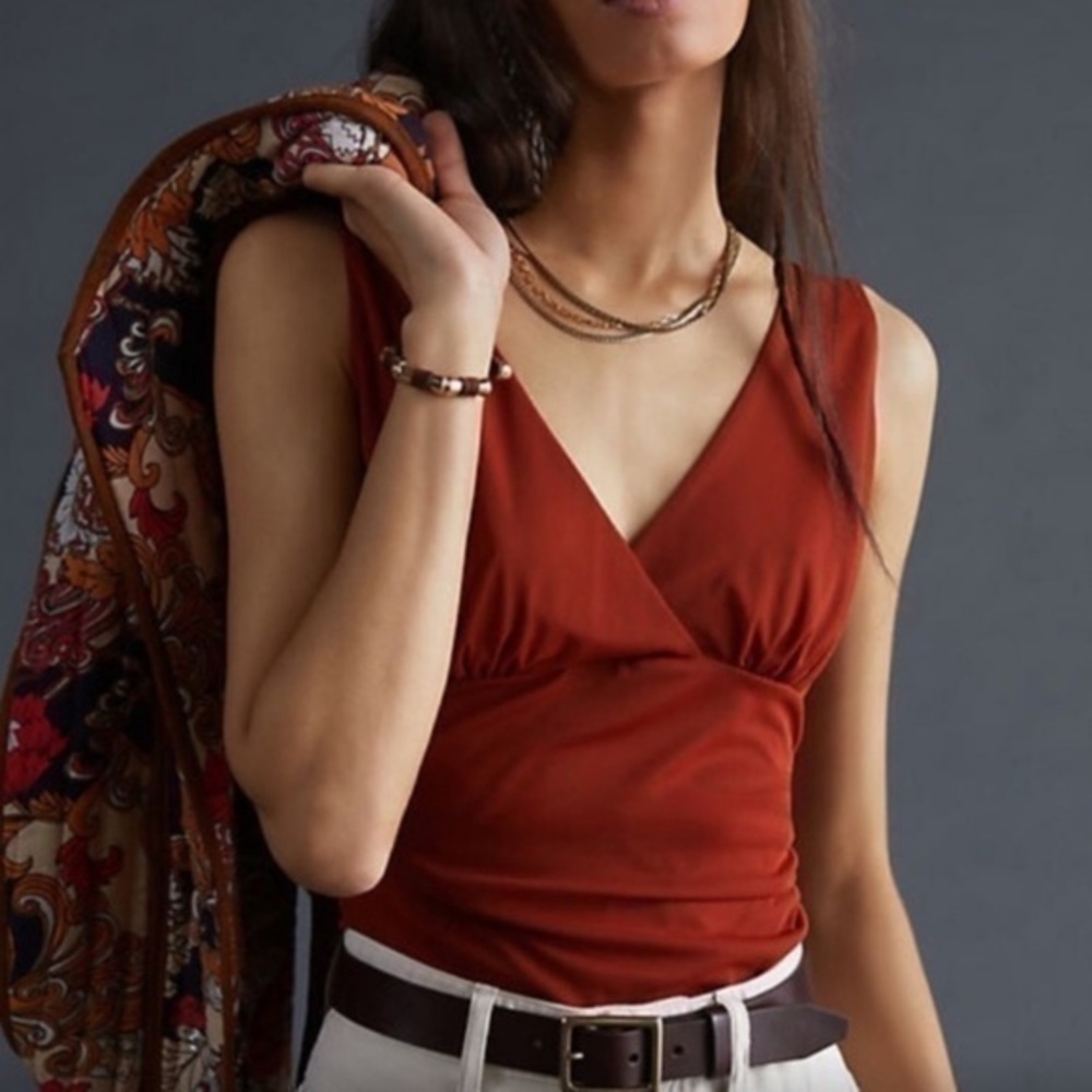 Anthropologie Ruched v neck sleeveless top Size S Color Rust
